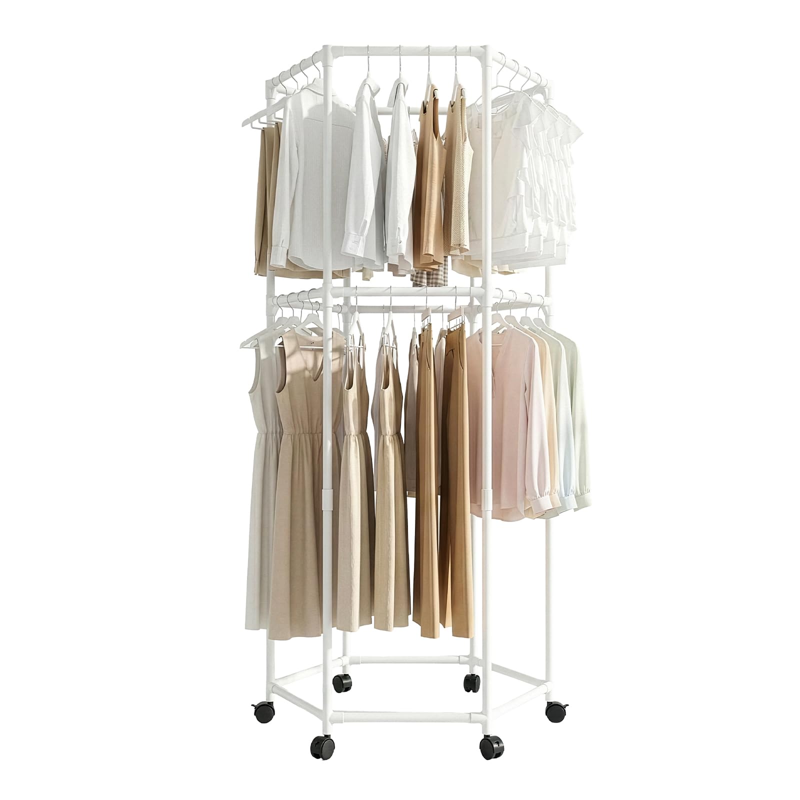 GREENSAPPIRE 1PC Hexagonal Double Layer Rotating Clothes Rack White