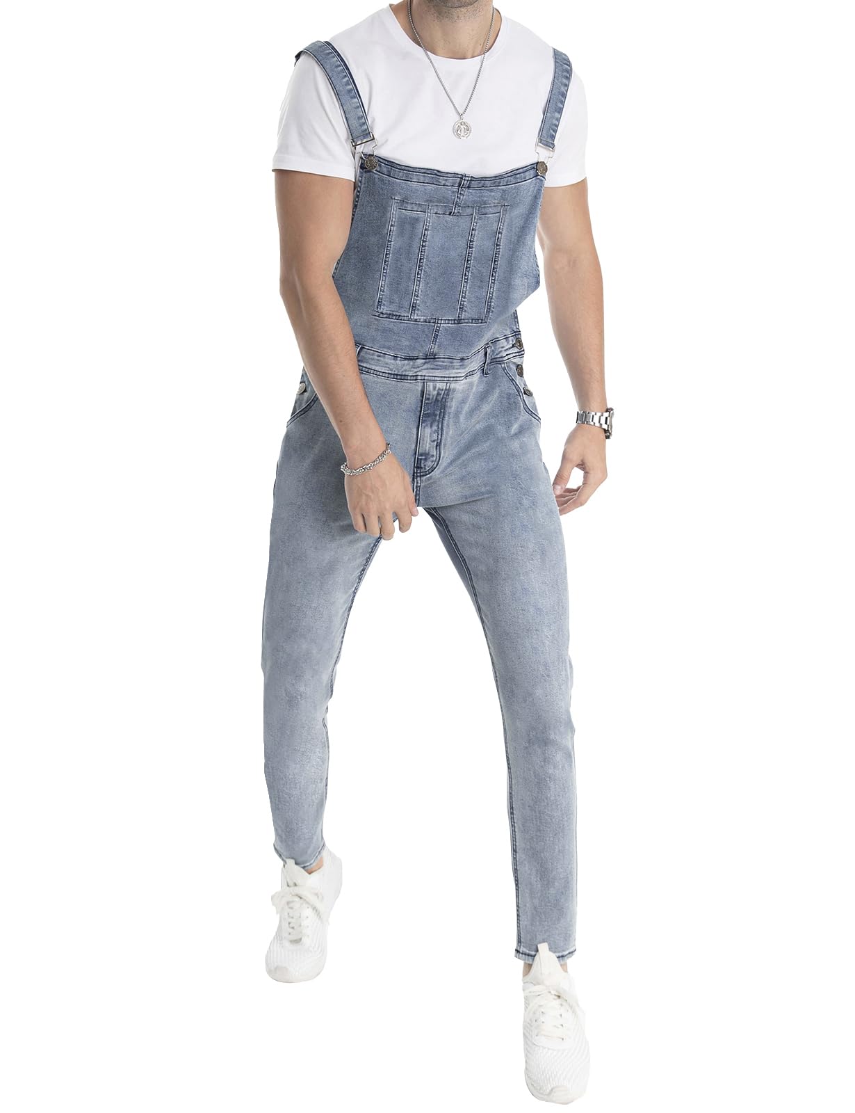 LONGBIDA Men's Denim Bib Overalls Fashion Slim Fit Jumpsuit with Pockets