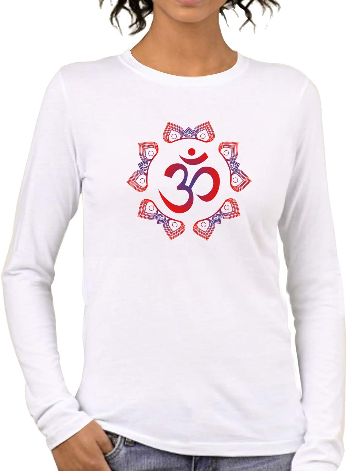 Pooplu Women's Regular Fit Om Symbol Cotton Graphic Printed Round Neck Full Sleeves Black and White Yoga Tshirt. Yoga, Meditation,Exercise, Pootlu Yoga Tops and Tshirts.(Oplu_White_XX-Large)