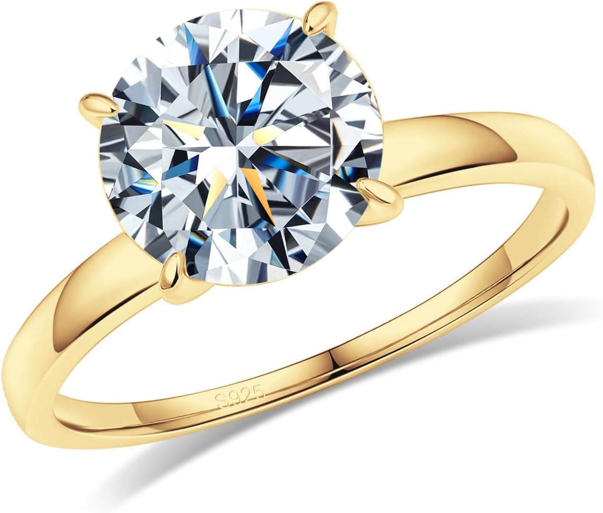 Aurora & Fiori 1/1.5/2/3 CT Round Moissanite Engagement Rings for Women,18K Gold Plated S925 Sterling Silver Ring Solitaire Moissanite Promise Ring For Her,D Color VVS1 Wedding Band Ring Size4-10
