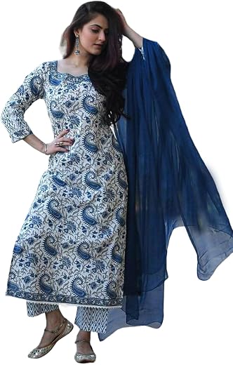 Pinkmint Women's Hevy Cotton Blend Kurta Set l Stitched Printed Dupatta Set l Stylish Women Festival Dress (Pack of 1)