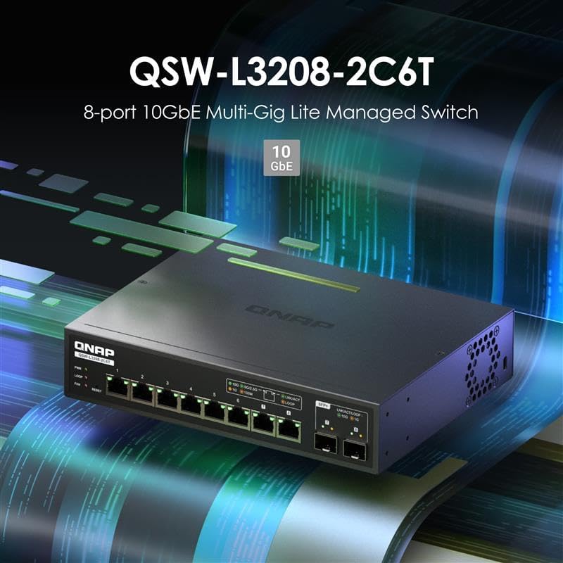 Front view of the QNAP QSW-L3208-2C6T-US switch showing 8 ports and LED indicators