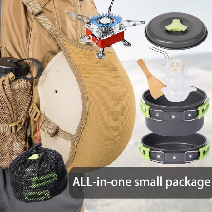 Image of 14-Piece Camping Cookware Mess Kit with Portable Gas Stove, Lightweight Nonstick Pot & Pan Set with Spork, Bowls, Sponge & Travel Bag - Compact Outdoor Cooking Gear for Backpacking, Hiking