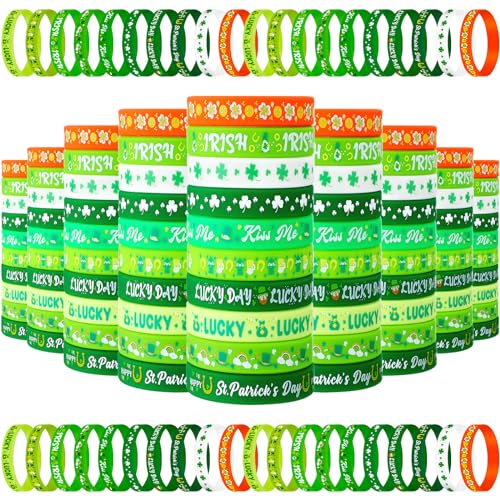 Wettarn 100 Pcs St. Patrick's Day Silicone Bracelet Bulk Rubber Wristbands St. Patricks Day Shamrock Ireland Bracelets Green for Ireland Party Supplies Gift