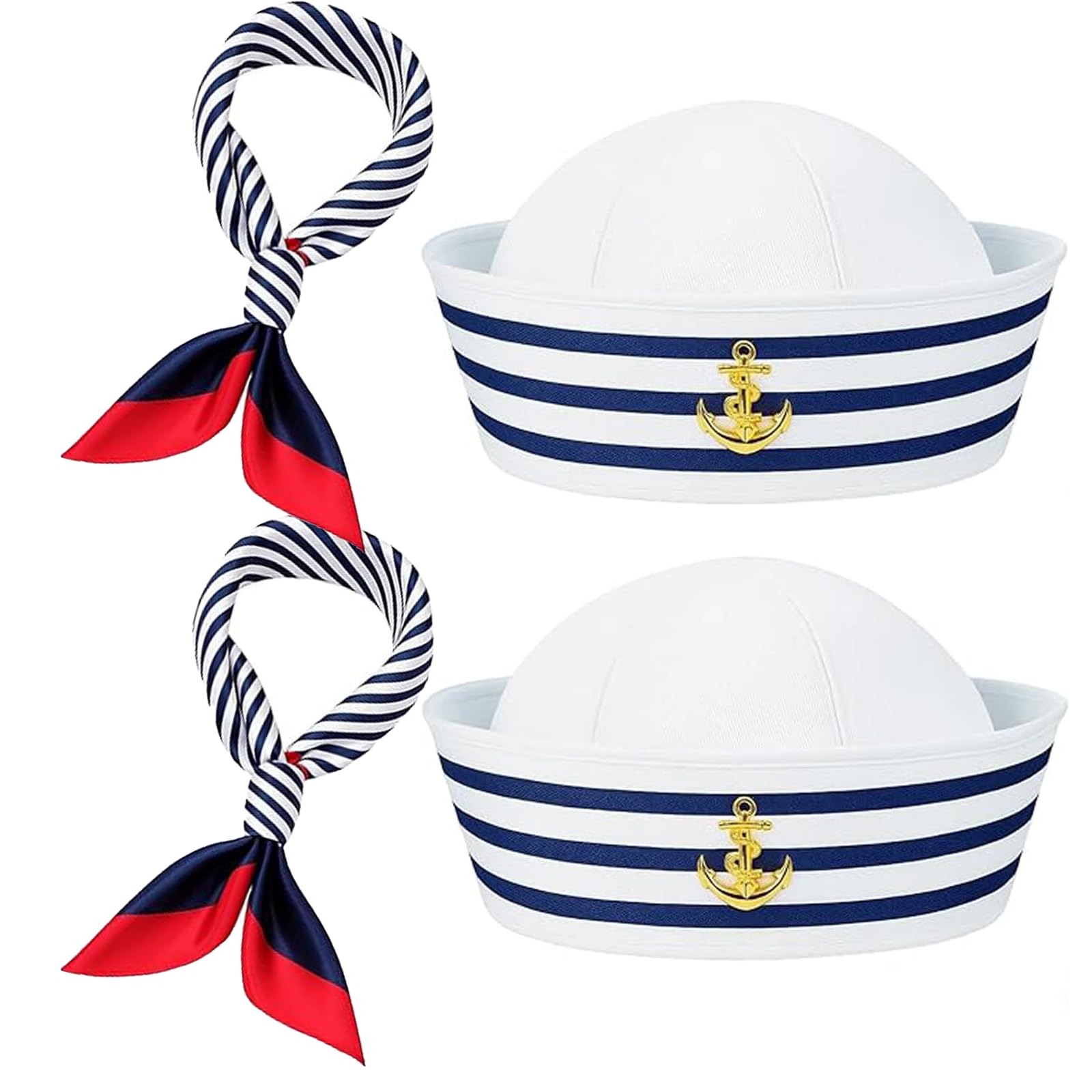4-Piece Set 2 Sailor Hat and 2 Sailor Scarf, Striped Navy Sailor Costume Hat, Classic Captains Hat with Sailboat Pattern, Dress Up Accessory for Halloween, Cruise, Nautical Themed Party Decoration