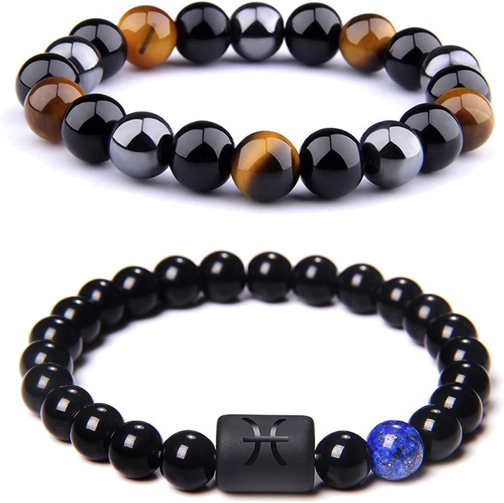 Zodiac Bracelets for Men Women Zodiac Sign 12 Constellation Horoscope Bracelet 8mm Natural Obsidian Hematite Onyx Tiger Eye Beads Stretch Bracelet