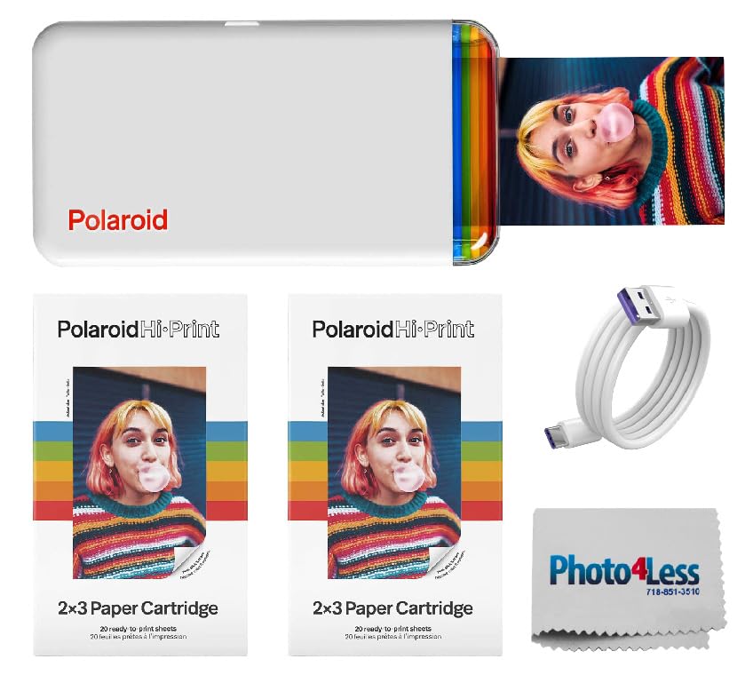 Polaroid Hi-Print 2nd Gen Bluetooth Connected Photo Printer 2x3 Pocket White (9128) with 2 Hi-Print 2x3 Papers (40 Photos) USB Type-C 6 Cable