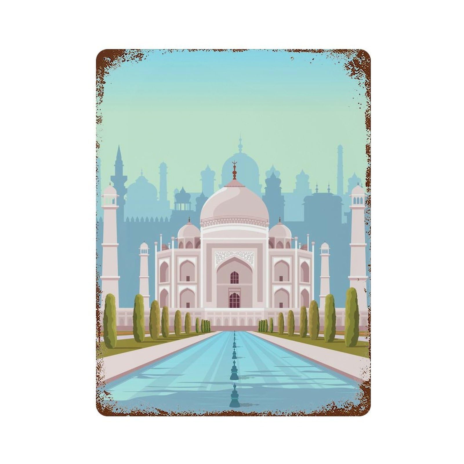Rust Effect Taj Mahal Travel Print Retro Metal Sign 15.7"x11.8", Classic Wall Plaque for Cafe, Home Bar And Lounge Decor