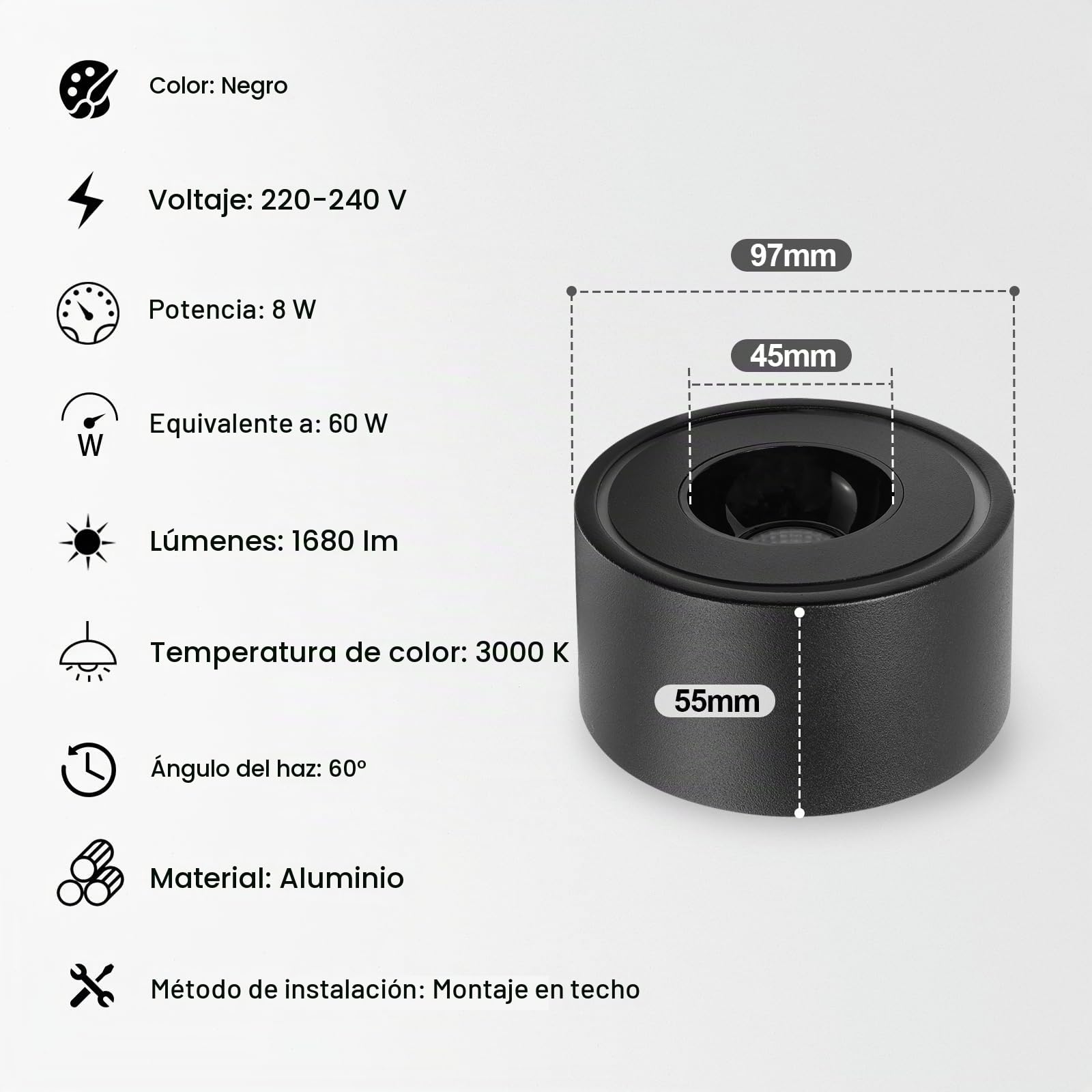 4 Pcs Focos LED Interior Techo Superficie Negro - Ø97x55mm - Aplique Techo Foco interior 8W 1680lm - 3000K Blanco Cálido - Plafones Focos redondo 230V, Focos Superficie de Aluminio