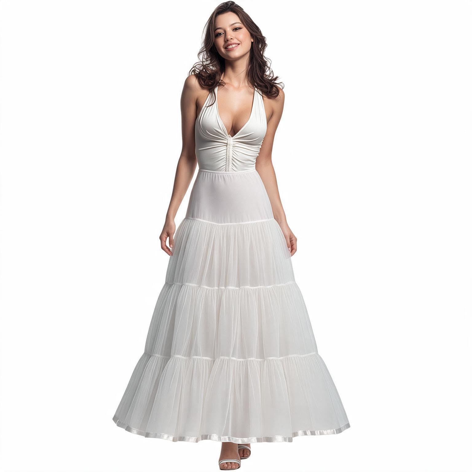 CHERRY LOVE Ankle Length Petticoat Underskirt Crinoline Slip, Ivory, L-x-L, 3-Tier Tulle