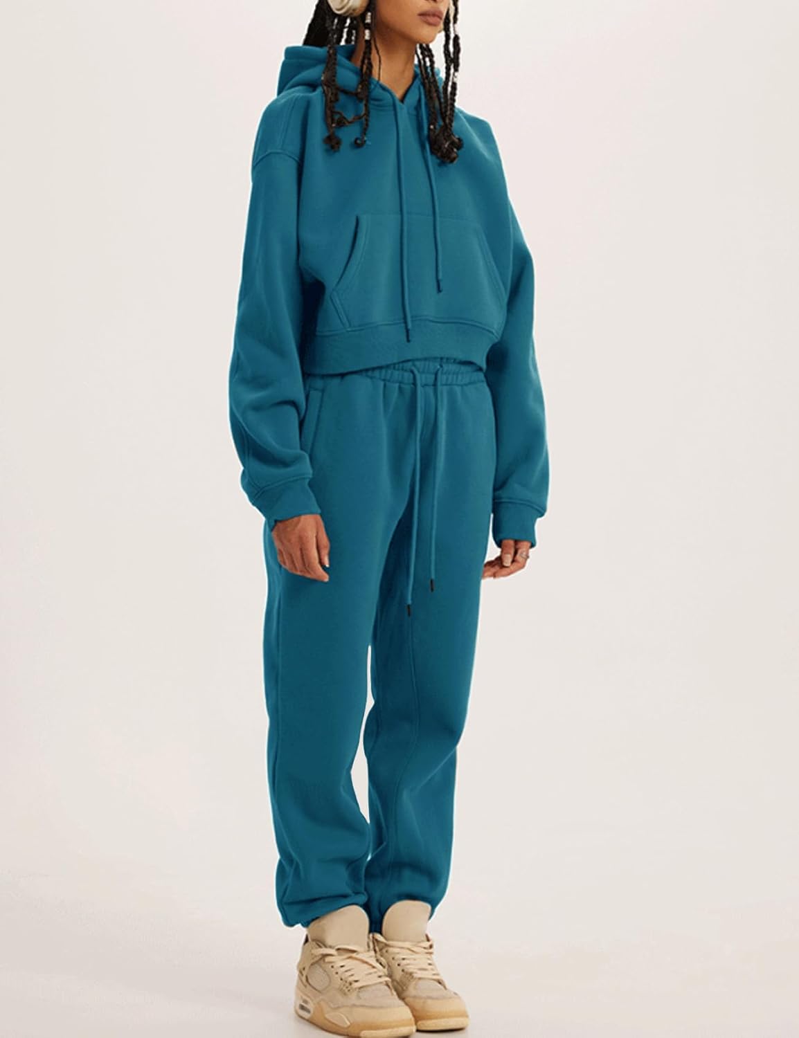 COZYPOIN Womens Fleece 2 Piece Outfits Sweatsuit Crop Top and Pants Hoodie Tracksuit Set - Image 3