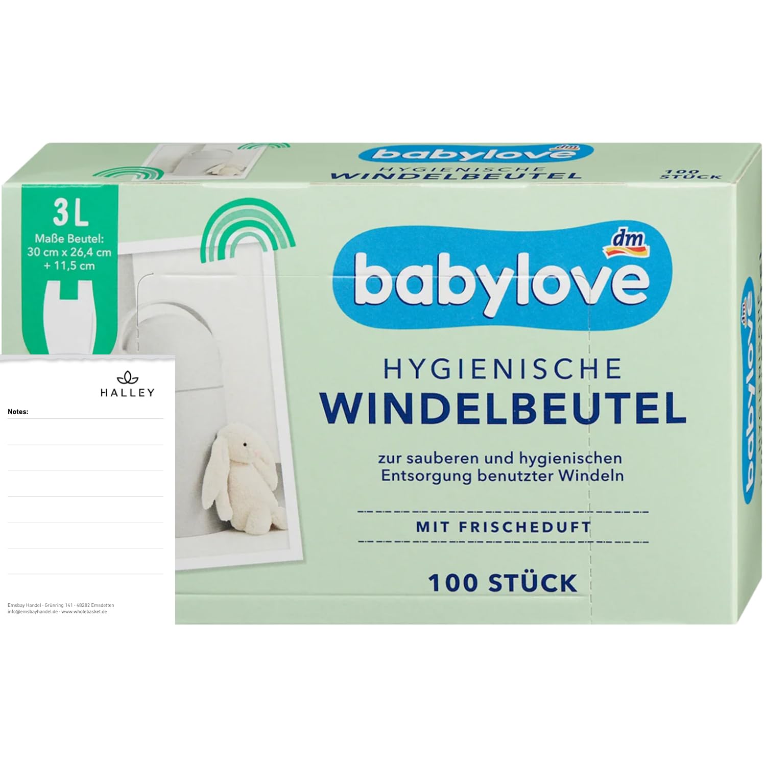 Babylove Hygienische Windelbeutel, 100 Stück, 3 Liter, mit Frischeduft, praktische Henkel, ideal für gebrauchte Windeln, für unterwegs und zu Hause + Halley Bedding Notiz Set