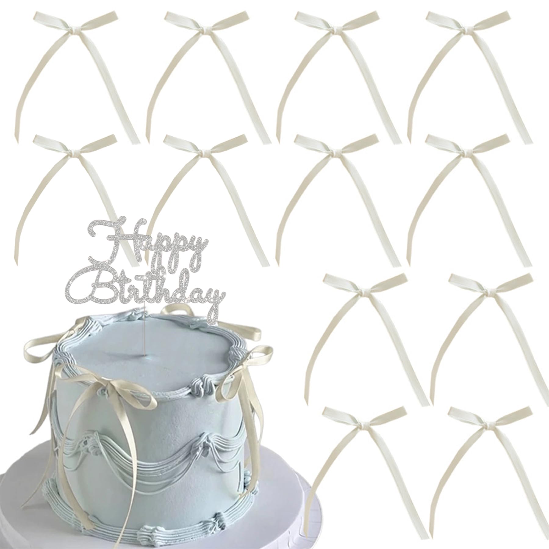 Bow Cake Toppers - white Bow Cake Topper, white Bowknot Ribbons, whites Birthday Cake Topper, 20pcs whites Cake Decorations for Birthday Bachelorette Wedding Party Anniversary,with Happy Birthday Sign