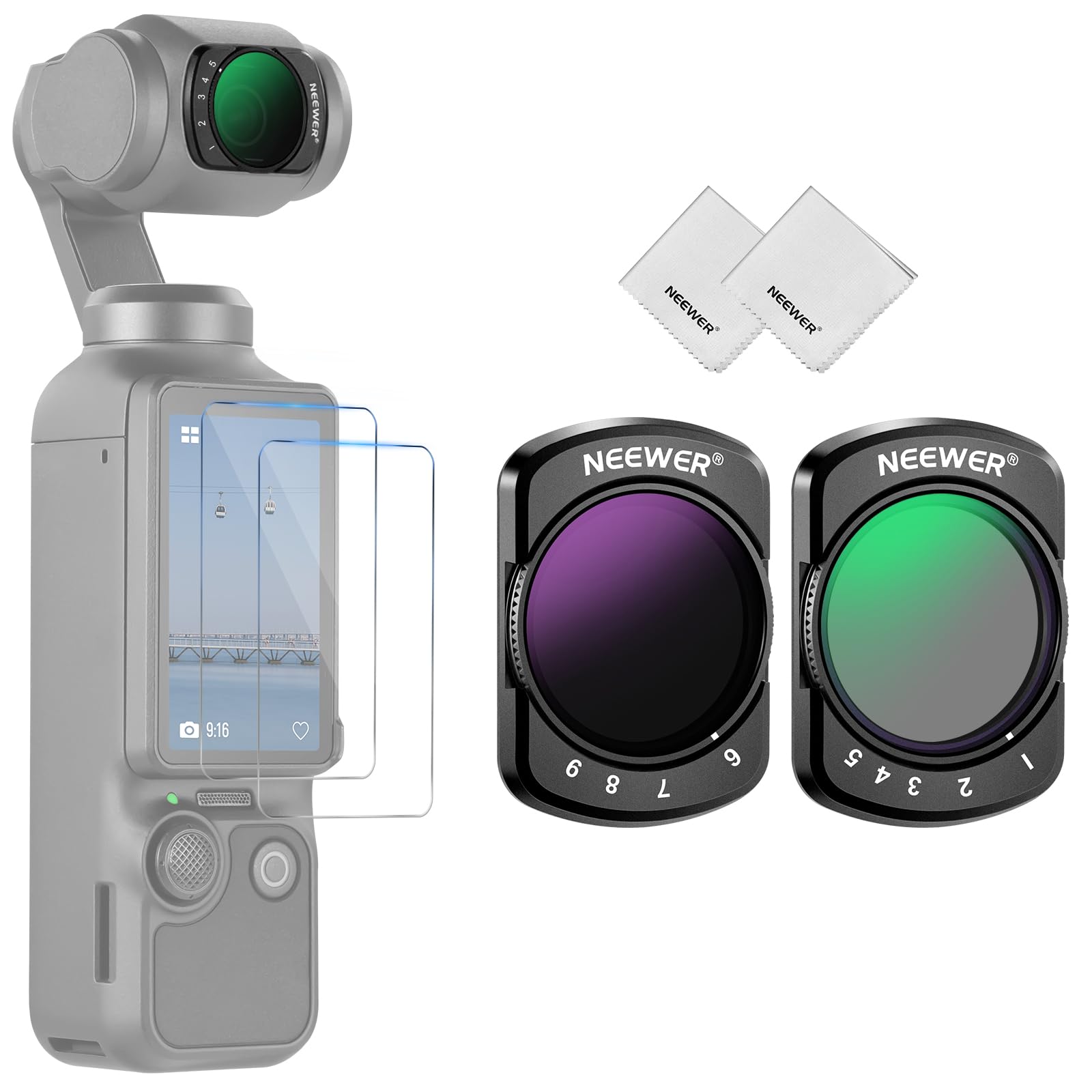 NEEWER Pack De 4 Filtres ND/PL Et Objectif Grand Angle 0,75X Compatibles Avec DJI Osmo Pocket 3 Creator Combo Accessoires,ND8/PL ND16/PL ND32/PL ND64/PL ND CPL Polarisé Avec Protecteurs D'écran,FL-B07