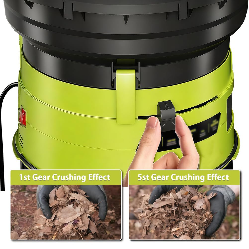 Trituradora eléctrica de hojas con ruedas y bolsa de almacenamiento, tolva de 54 cm para compostar agujas de pino, paja y desechos de jardín, duradera y eficiente