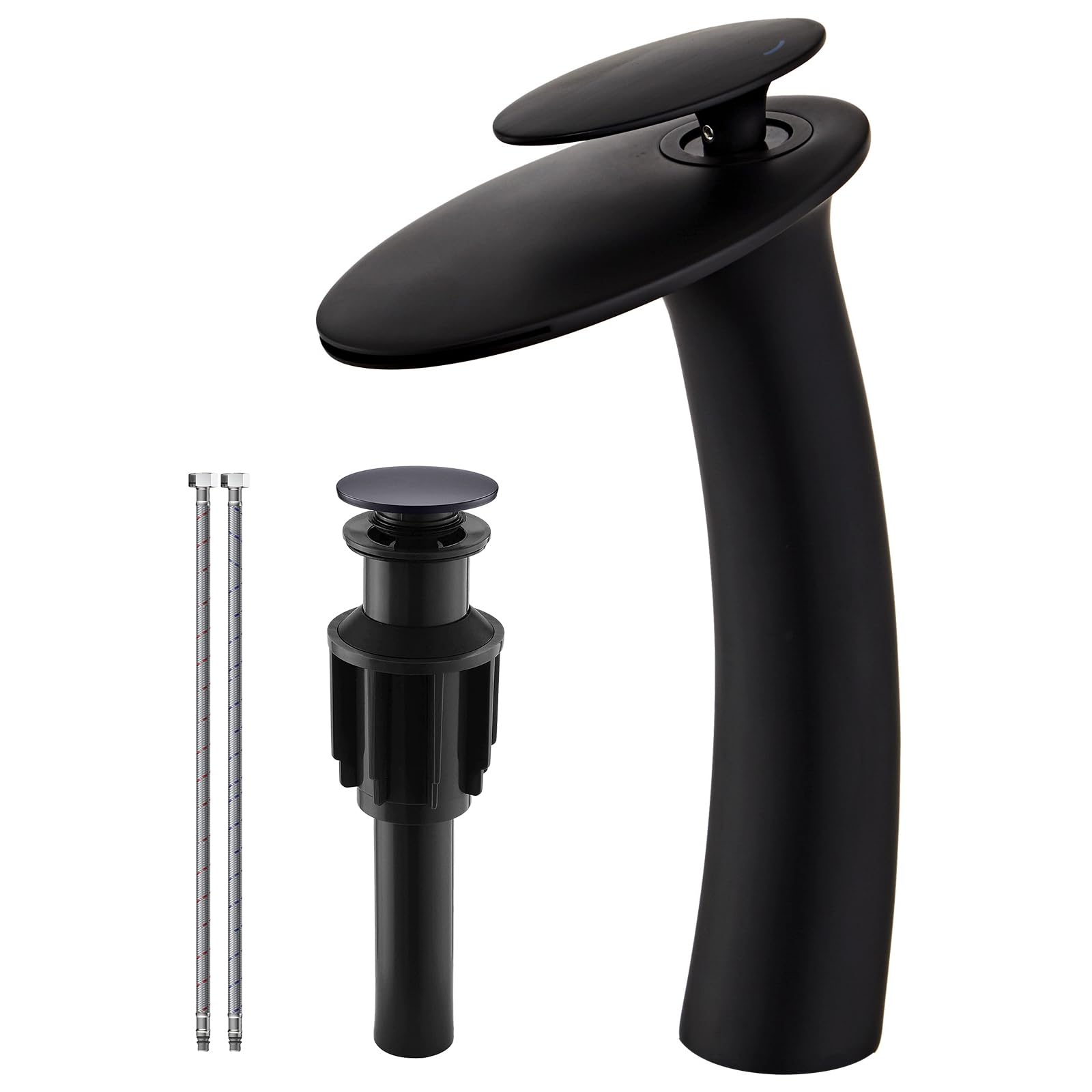 Hcfyauis Matte Black Waterfall Bathroom Faucet,Single Handle Single Hole Brass Lavatory Vanity Vessel Faucet,Slanted Body Basin Mixer Tap Tall Body With Supply Hose And Pop Up Drain Assembly