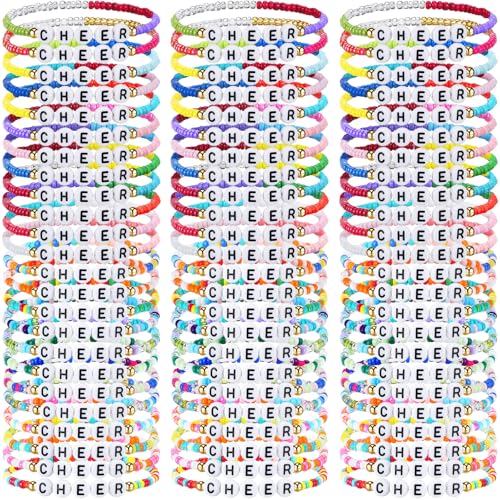 96 Pcs Cheer Bracelets for Team Cheer Gifts Cheerleader Gifts Set for Cheer Stuff Women Beaded Friendship Bracelets Bulk Preppy Bead Heishi Stackable Bracelets Set for Team Beach Party Favors