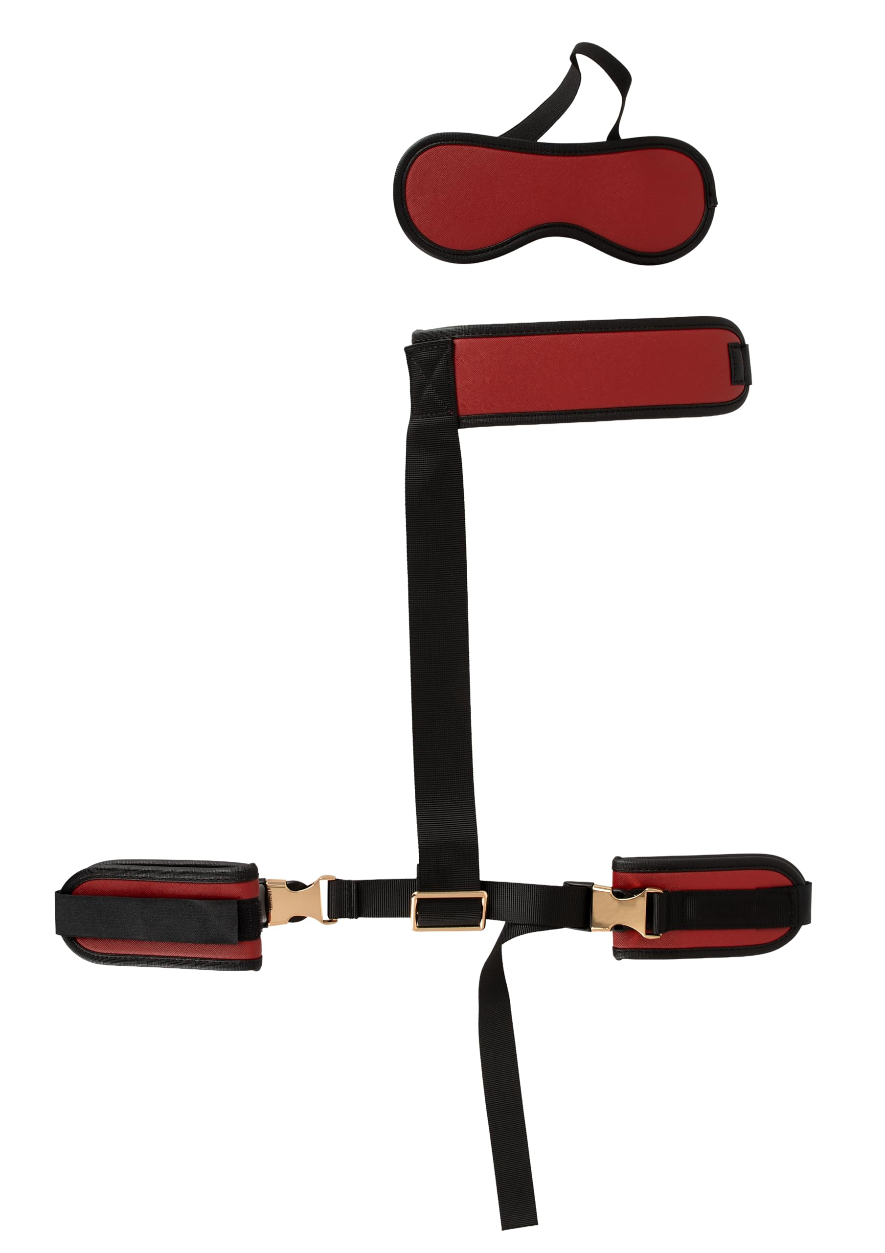 Bad Kitty Kit de bondage Neck to Wrist Deluxe avec masque pour les yeux, menottes réglables et menottes amovibles par clic rapide, imitation cuir synthétique noir/rouge