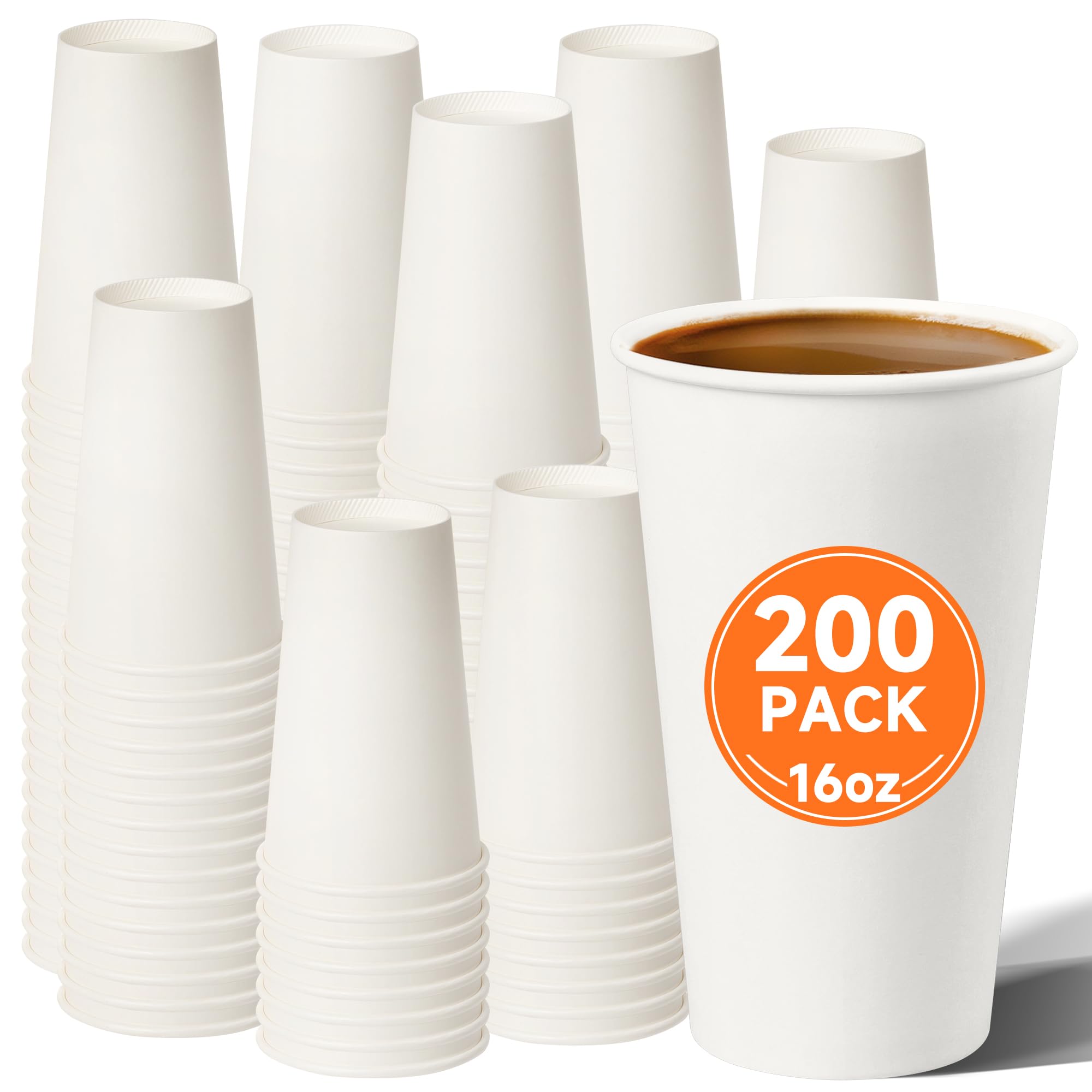 200 Pack 16 oz Disposable Coffee Cups, Sturdy Paper Cups for Hot/Cold Drinks, Leak-Proof White Hot Cups used for Party, Home, Café, Events, Office