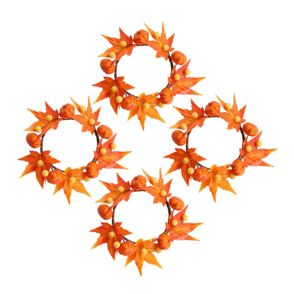HOMSFOU Fall Candle Rings Wreaths, Artificial Maple Leaves Pumpkin Candle Ring with Berries Autumn Candle Wreaths for Halloween Thanksgiving Decor 4pcs
