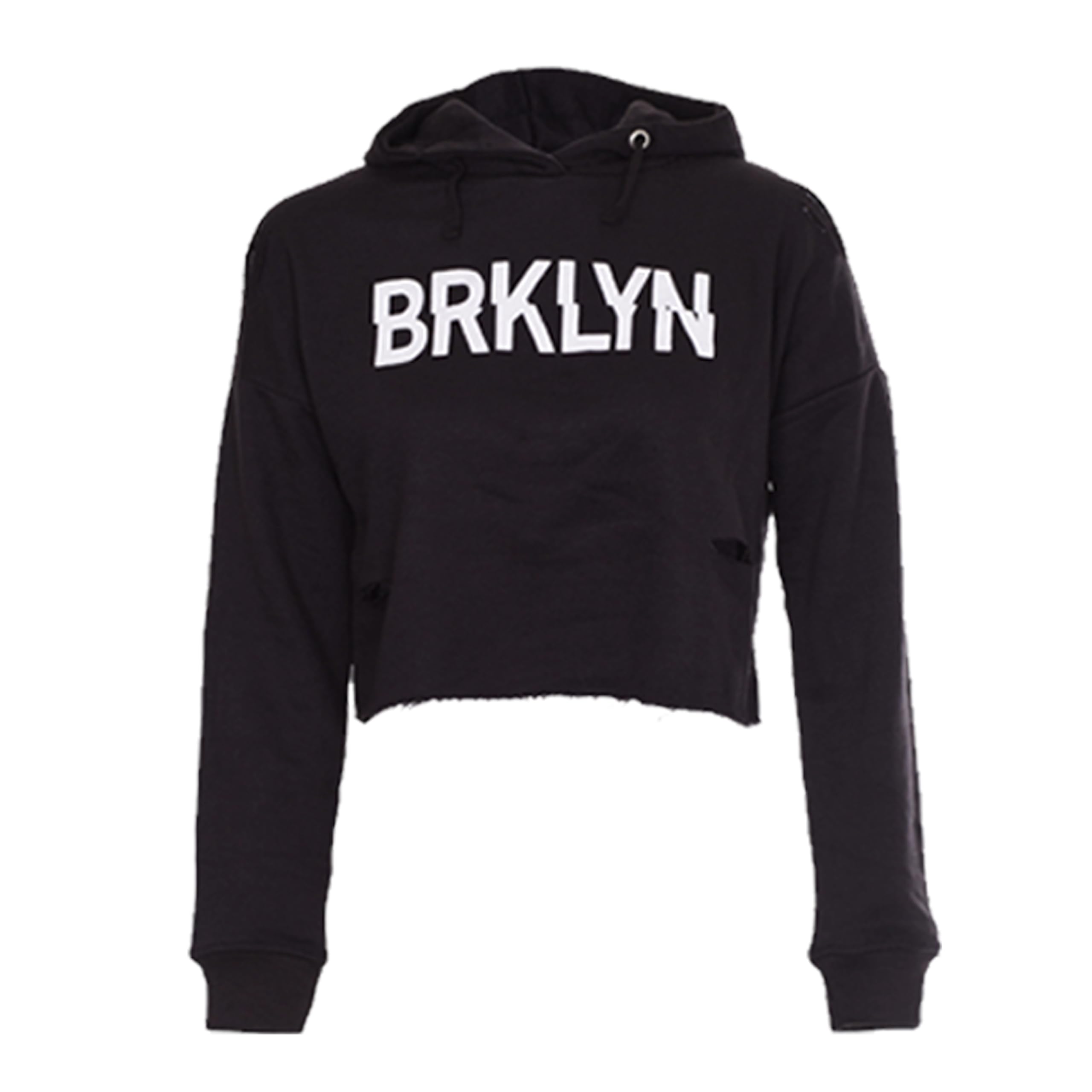 NOROZE Girls Distressed Hem Ripped Crop-Top Hoodie Kids Sweatshirt Pullover BRKLYN Print (Black, 13 Years)