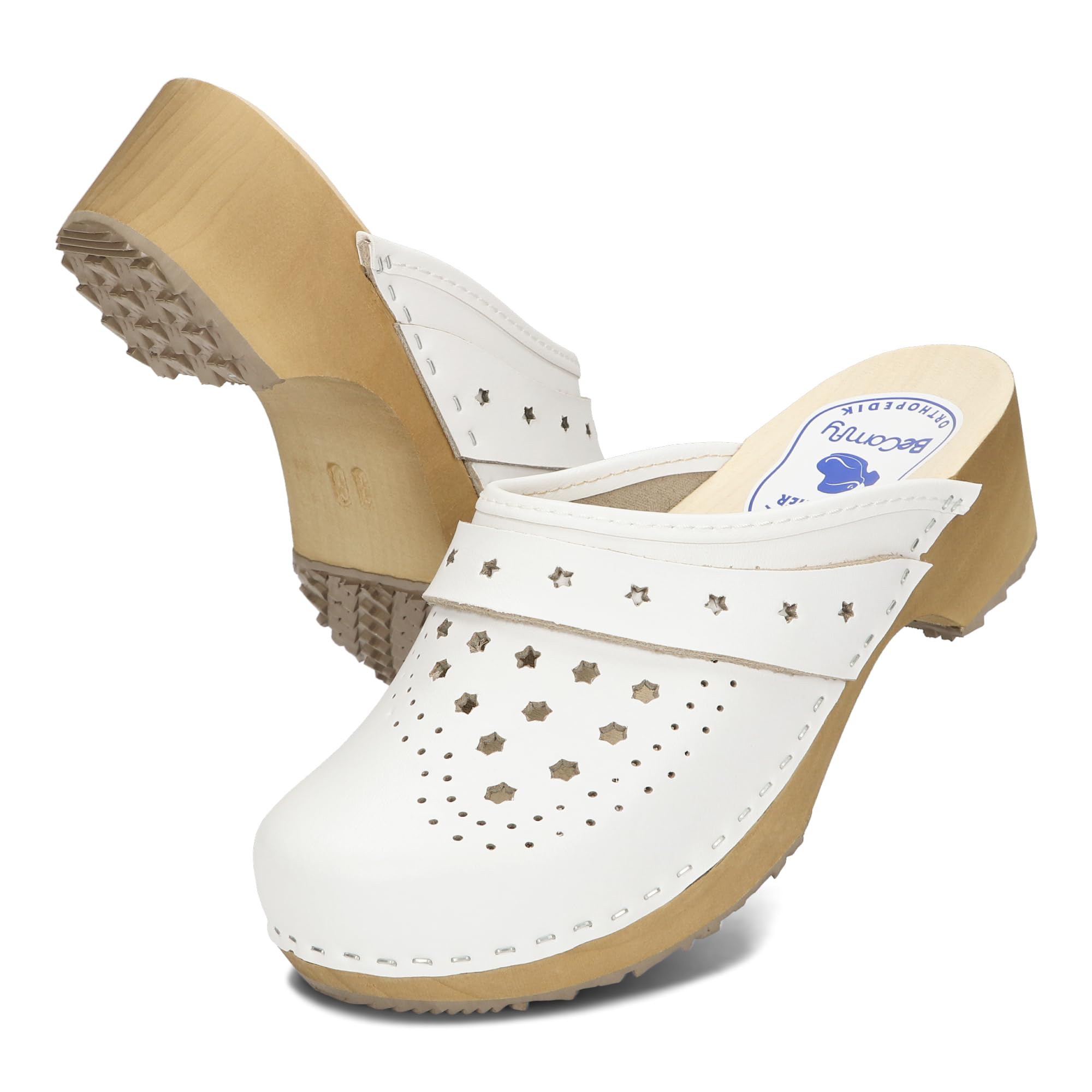 BeComfy Unisex Sabots en Cuir avec Semelle en Bois Hommes Femmes Chaussures de Jardin Talons 35-46 EU