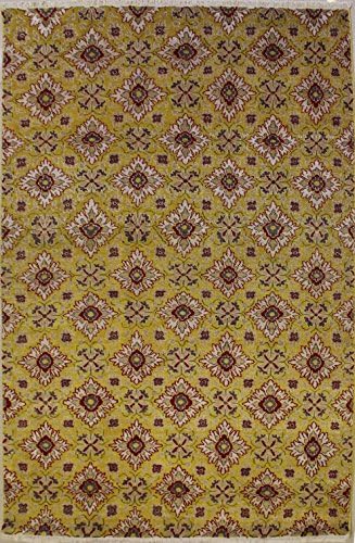 5'0 x 8'4 Double Knot Ziegler Chobi Design Gold Color Area Rug with Silk & Wool Pile - | a 5x8 Medium Rug | an Authentic Hand Knotted Chobi Ziegler Rug Made with Vegetable Dyes