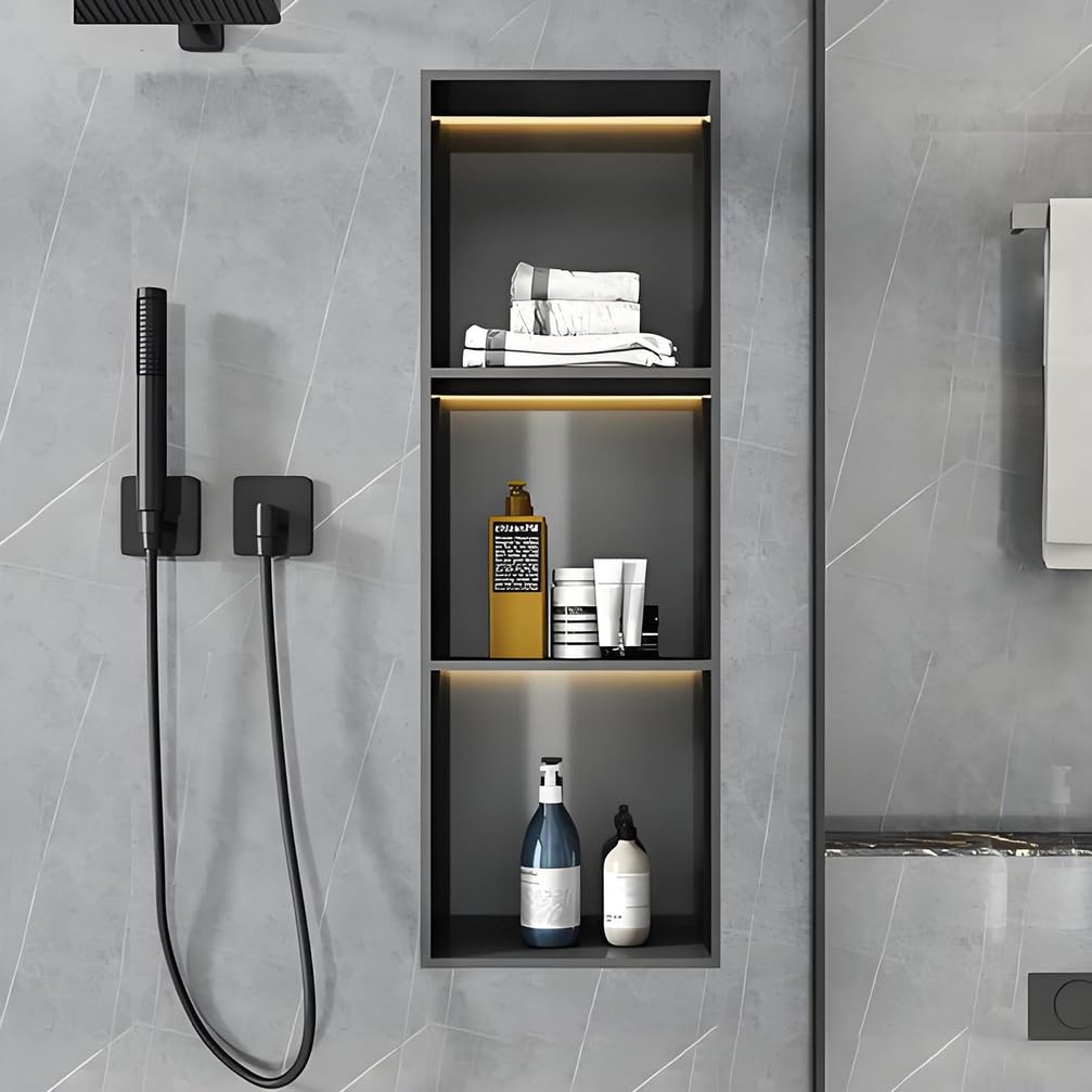 Portarrollos Empotrado, Estante De Baño De Acero Inoxidable con Espacio De Almacenamiento, Organizador para Nichos De Baño Y Portarrollos Empotrado En La Pared Negro,Negro,L32*H32*W12.5