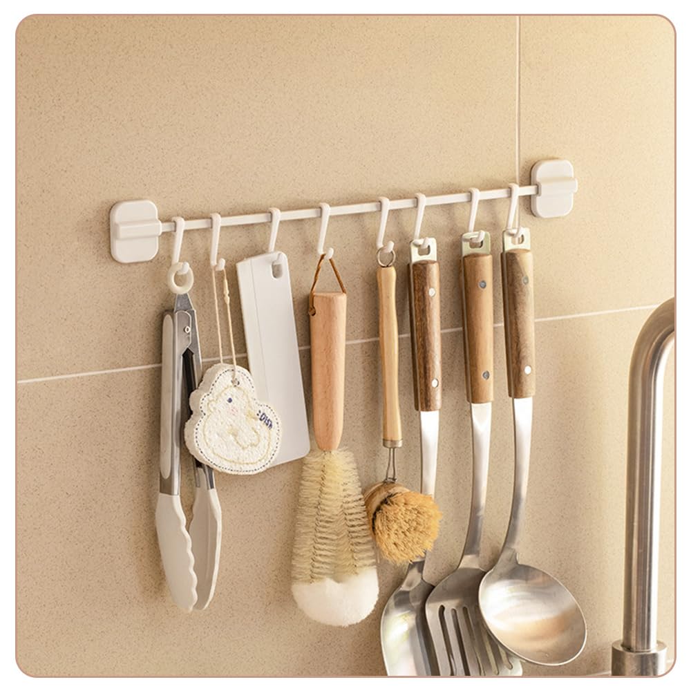 2St Küchen Hakenleiste ohne Bohren, Beweglicher Wandhaken, Selbstklebende Hakenleiste, mit 16 Haken für Küchenutensilien,Küchenutensilien-Organizer-Rack Küchenutensilienhalter (Weiß)