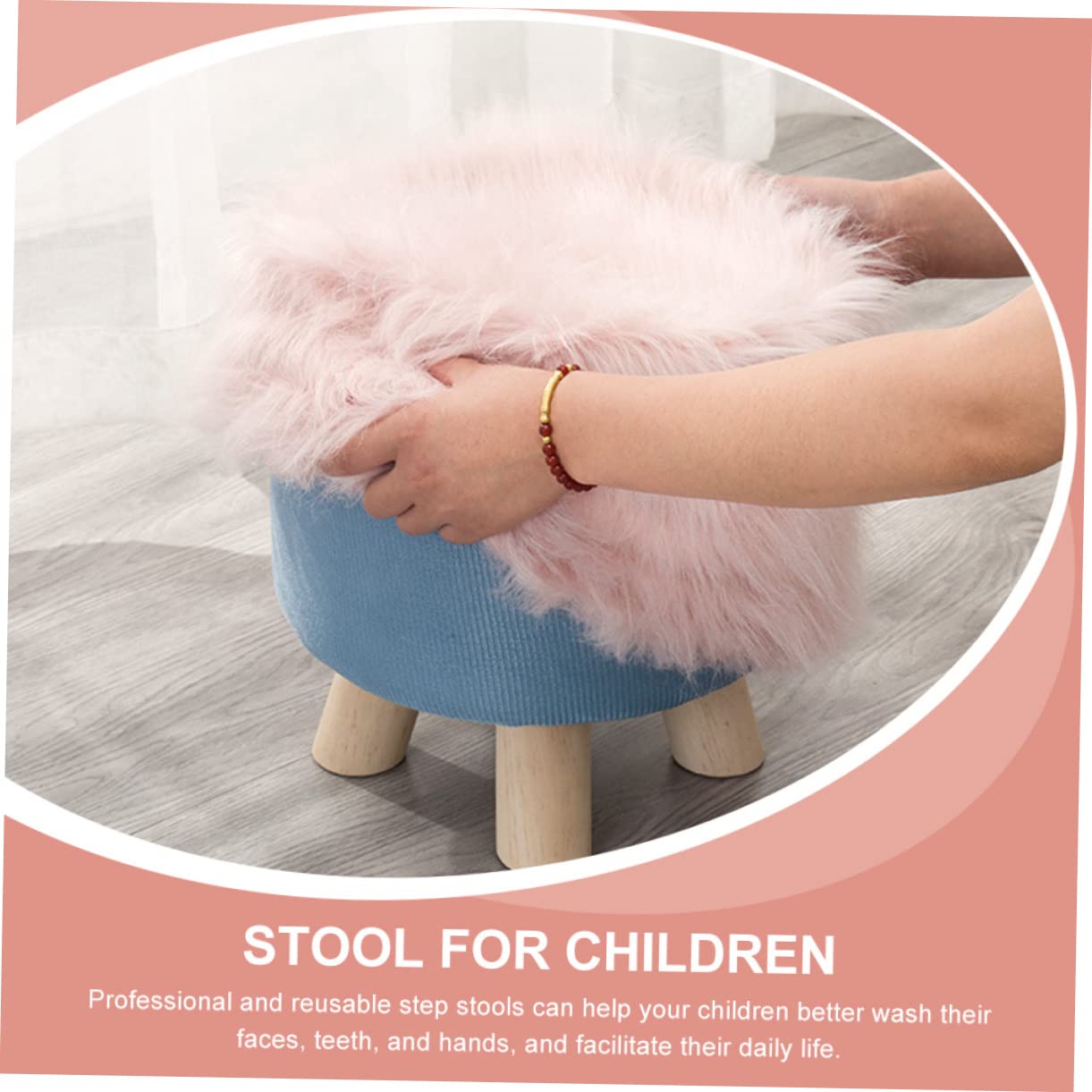 Sgabello Basso per Cambio Scarpe Rosa, in Pelliccia Sintetica e Poliestere, Morbido e Antiscivolo, per Bambini, Bagno e Cucina, 28x28 Cm