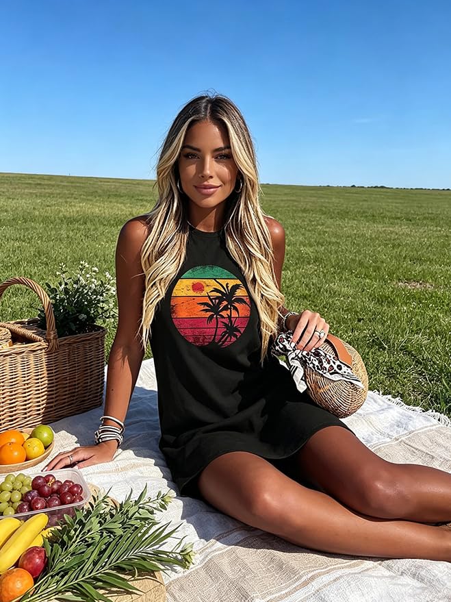 Image of Sun Salt Sand Coconut Tree Tank Mini Dress for Women Sleeveless Beach Praty Shirts Summer Vacation Short Mini Dresses