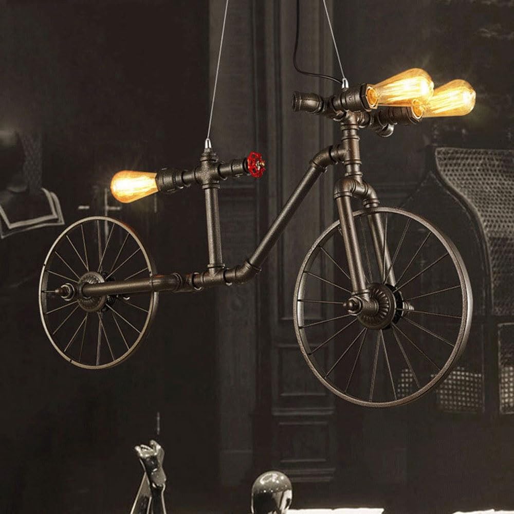 BLOOHK Industrial Bicycle Pendant Light, Steampunk Water Pipe Bike Chandelier, Creative Vintage Iron Hanging Lamp for Bar, Restaurant, Coffee Shop, Dining Room
