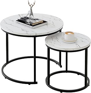 aboxoo Round Nesting Coffee Table Side Table Set of 2 End Tables for Liv...