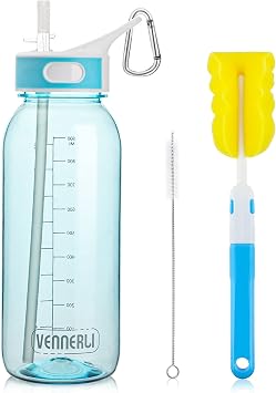 Sports Water Bottle with Straw 1Litre Leakproof Durable Tritan BPA Free Gym Flip Sipper Bottle Dustproof with Marking Dustproof Leakproof