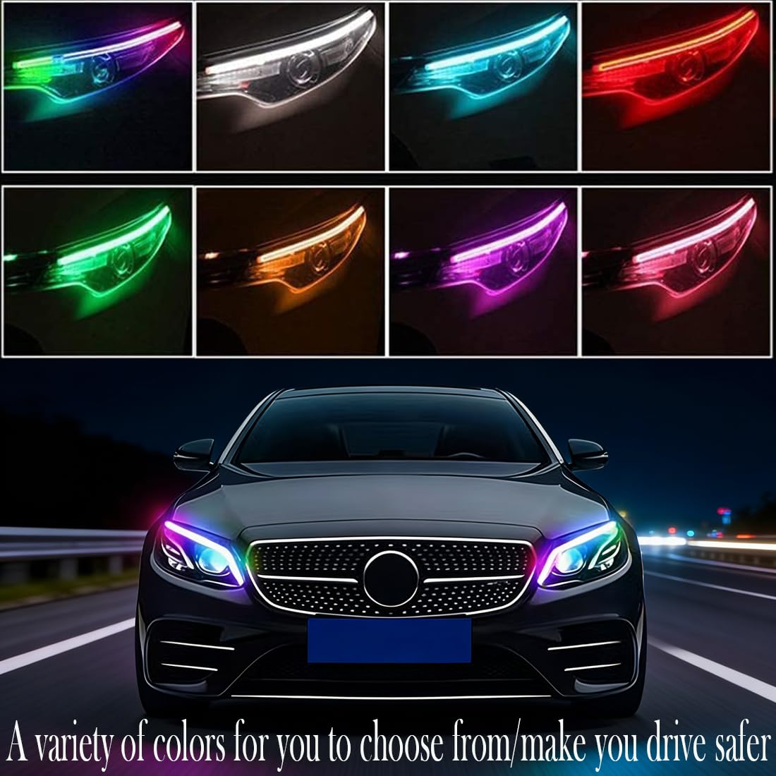 Indicatore di direzione con striscia luminosa RGB per auto,striscia luminosa di marcia diurna a LED flessibile e impermeabile con controllo app wireless,adatta per auto,moto (24pollici/12V)