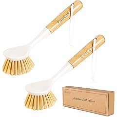 2 Pack Kitchen Dish Brushes with Bamboo Handle, Dish Scrubber Built-in Scraper, Scrub Brush for Pans, Pots, Counter & Kitchen Sink Cleaning, Dishwashing and Cleaning Brush Tools, White