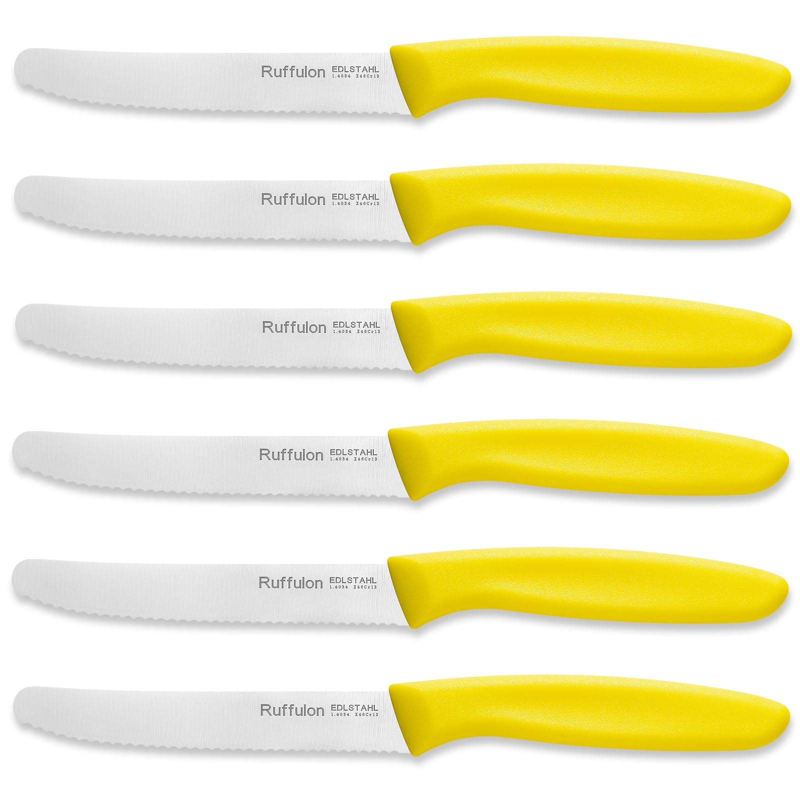 Ruffulon Tomato Knife Set of 6,Serrated Kitchen Knives,Sharp Blade Classic Utility Knife,Stainless Steel Wavy Edge Tomato Knives&Table Knives,Muticolor Plastic Handle Dinner Knifes,Dishwasher Safe.
