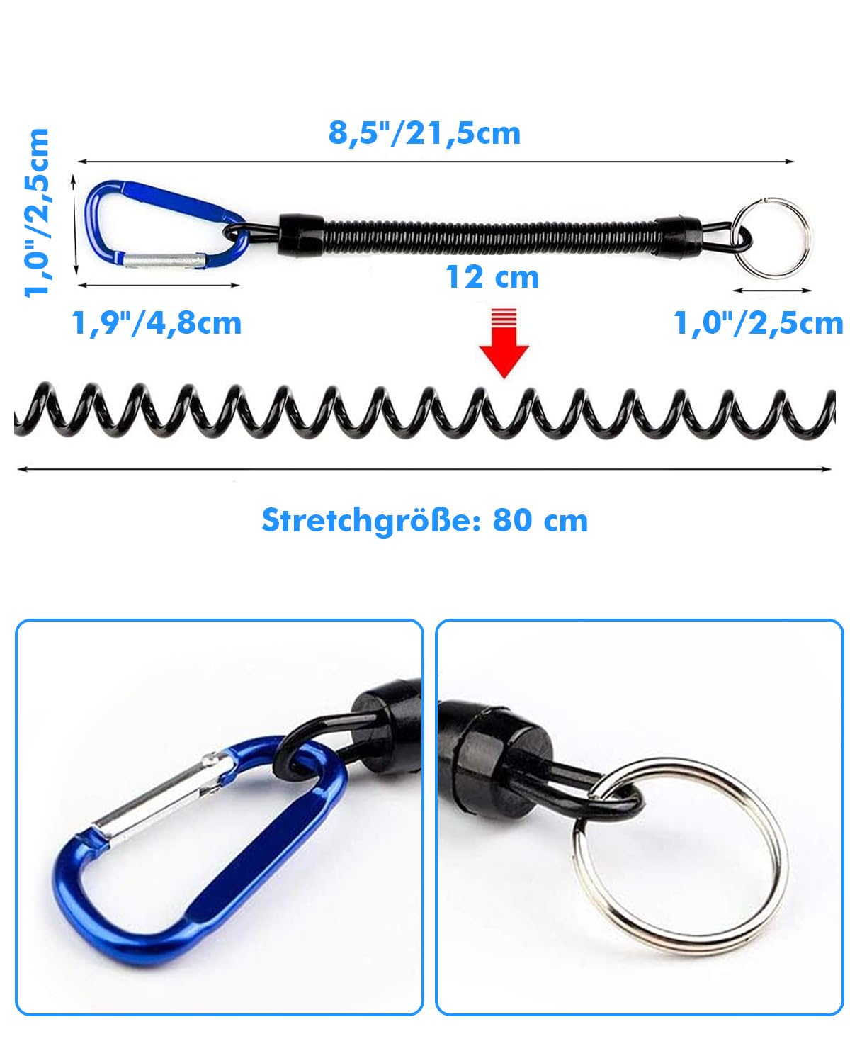 Lot de 5 cordons élastiques pour la pêche, le bateau, les mousquetons pour éviter les chutes, convient pour les activités telles que la pêche, l'alpinisme et le camping.