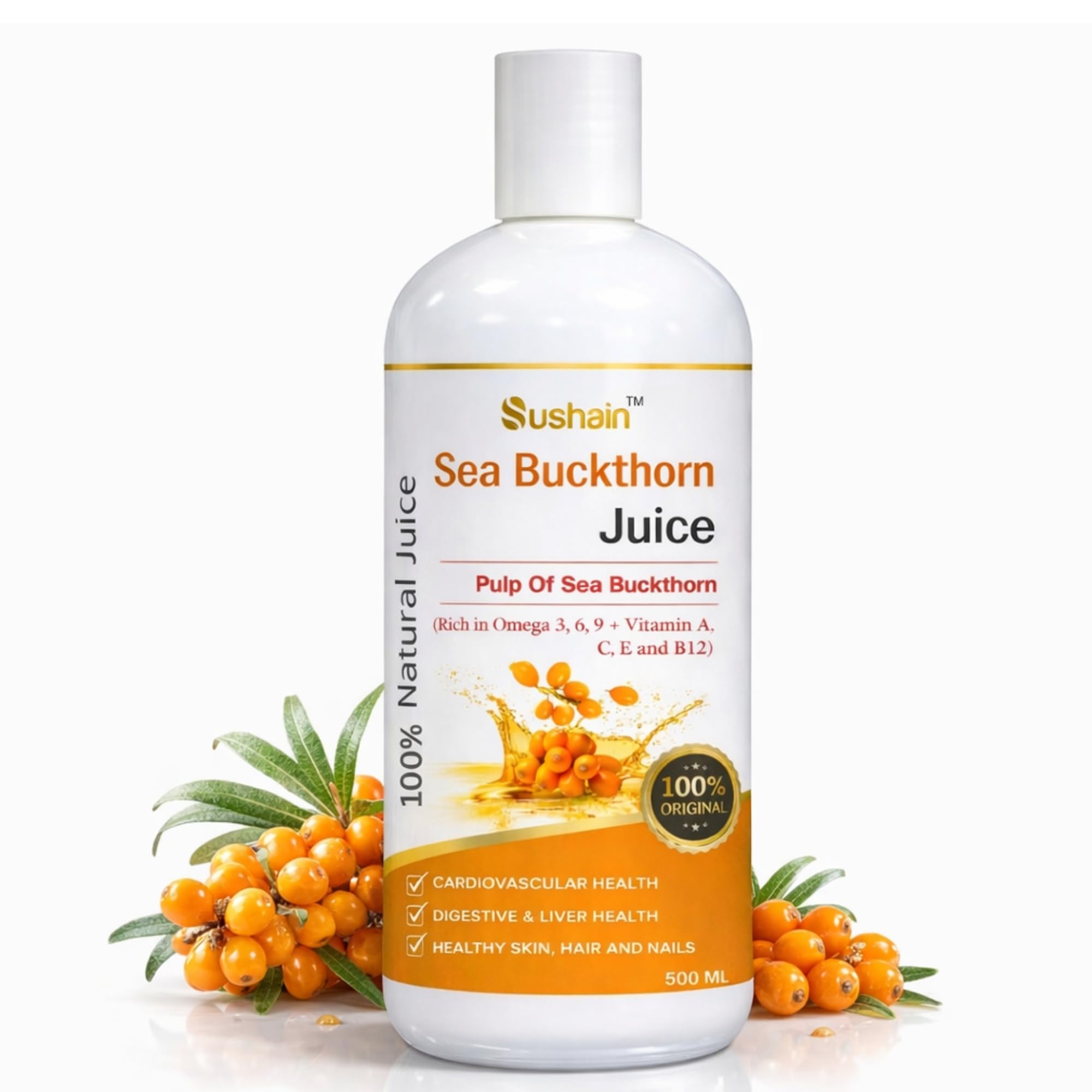 Sushain Sea Buckthorn Juice 500ml - Natural Sea Berry with Omega 3 6 7 9 & Vitamin C | Antioxidant Rich Herbal Juice for Immunity, Skin Health & Gut Wellness