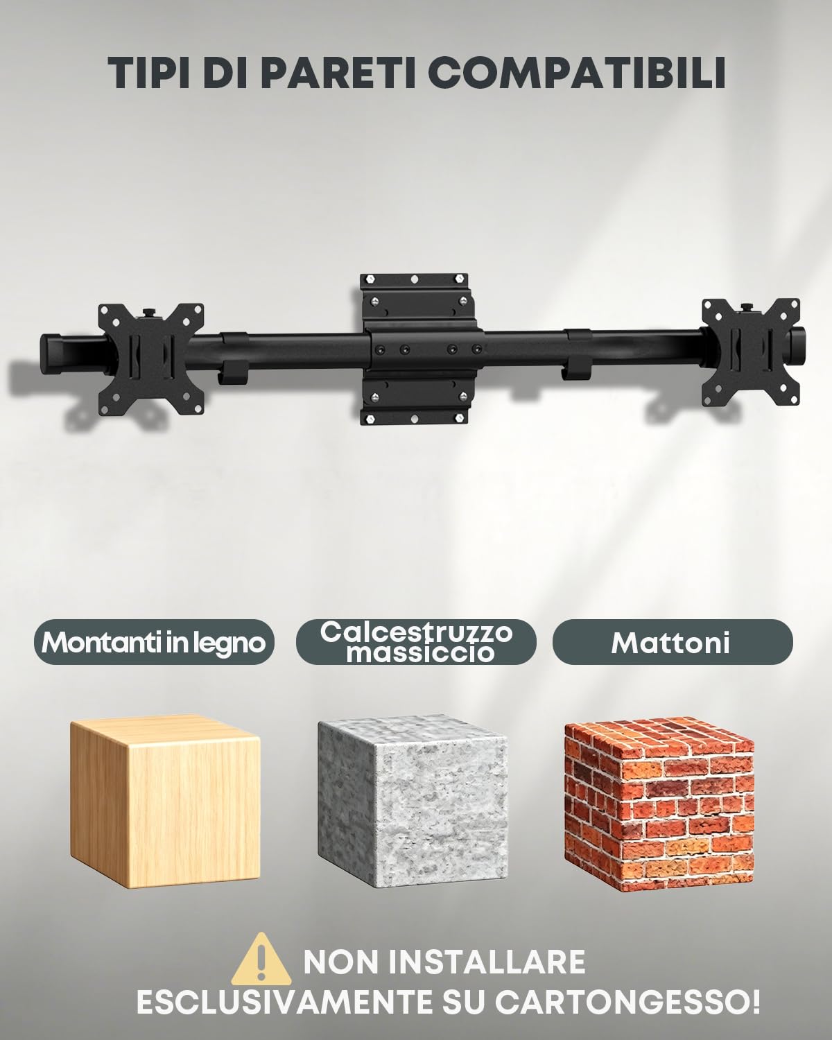 Supporto a muro doppio per schermi 13-27 pollici, singolo a doppio | Spazio a muro ultrasottile, montaggio orizzontale, allineamento preciso, gestione cavi, 10 kg per braccio, VESA 75/100, Nero