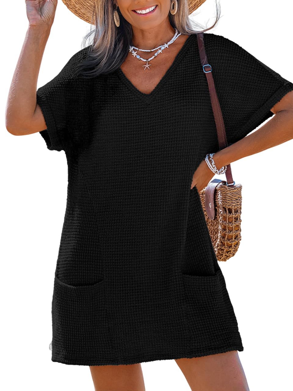 CUPSHE Swimsuit Coverup for Women Waffle Knit V Neck Short Sleeve Beach Coverup Dress with Pockets