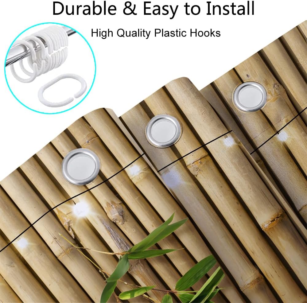 Bamboo Shower Curtain, Japanese 3D Shower Curtain Set for Bathroom, Nature Zen with Lights Fabric Shower Curtain Restroom Bathtub Decor Accessories with Hooks 72X 84 inch