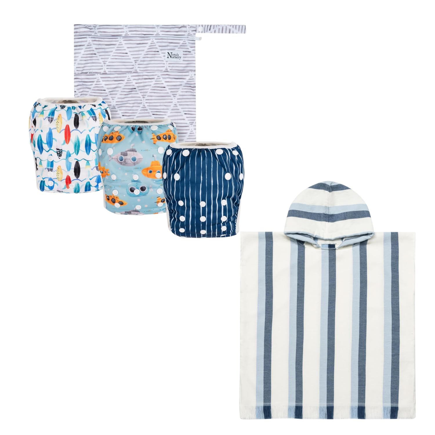 Nora’s Nursery Baby Swim & Bath Essentials Bundle – Reusable Adjustable Swim Diapers Unisex 3-Pack with Wet Bag (Seaside) + Ultra-Soft 350GSM Hooded Baby Bath Towel (Marine), Quick-Dry, 0–3 Years