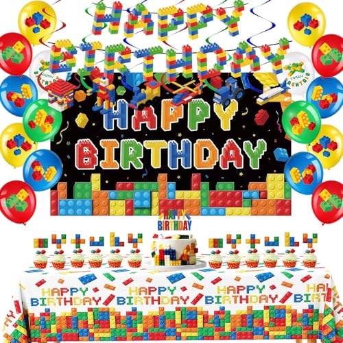 Building Block Birthday Party Decorations Includes Cake Toppers Banner Hanging Swirls Tablecloths Balloons for Building Block Party Decorations