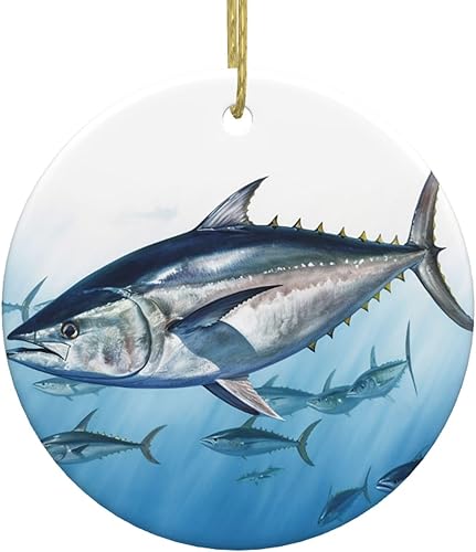 Adorno de Navidad con estampado de atún azul, adorno redondo de Navidad, adornos colgantes para árbol de Navidad, hogar, fiesta, vacaciones,