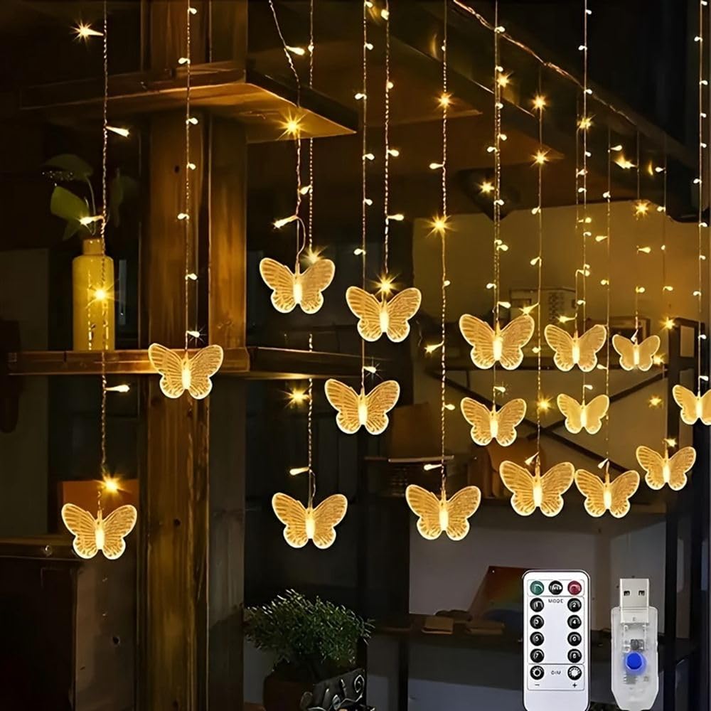 Lainin 12ft/3.5M USB Powered 8 Modes Butterfly Curtain Night Light Strip Icicle Fairy String Light, Perfect for Room Garden Wall Christmas Wedding Indoor/Outdoor Party Decoration - Warm White
