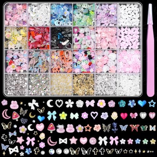 3D Nail Charms and Gems Mix Styles Butterfly Flower Bow Heart Col...