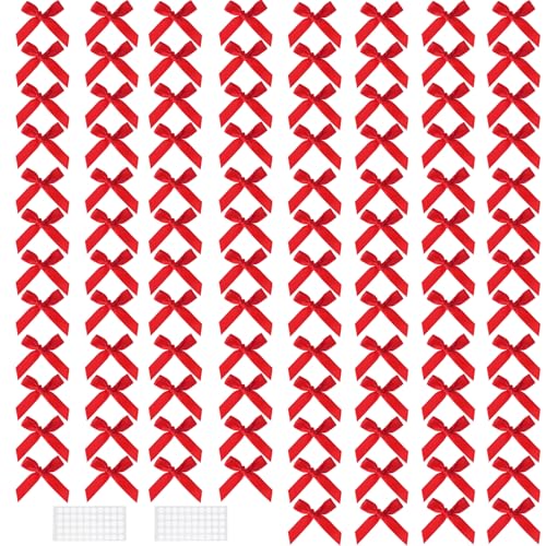 100PCS Mini Red Satin Bows 1.96 inch with 100 Dots Adhesive Stickers Premade Tiny Ribbon Bows for Crafts Gift Wrapping Cake Decorating Wedding Party Favors
