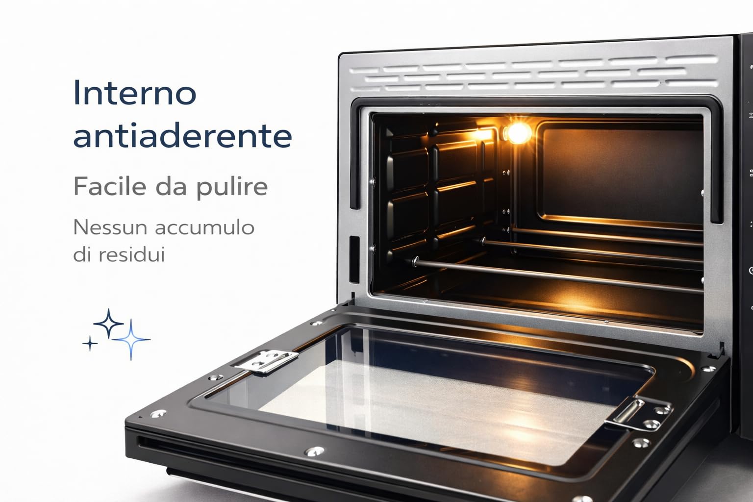 Forno Elettrico Ventilato 52L Doppio Vetro 6 Funzioni Cottura 90-230°C Timer 60 Min Luce Interna Pareti Antiaderenti