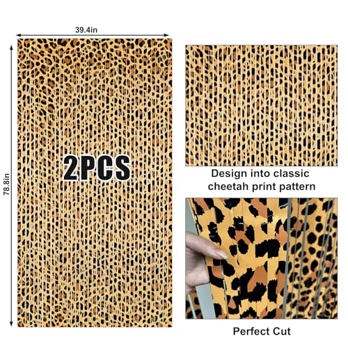 Image of 2 Packs Cheetah Prin Foil Fringe Curtain, Leopard Print Glitter Metallic Tinsel Backdrop for Birthday, Baby Shower, Jungle Safari Bachelorette Photo Booth Props Animal Party Decorations Favor Supplies